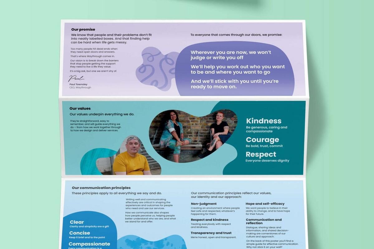 Brand Ethos and Becolourful design identity for new charity Waythrough