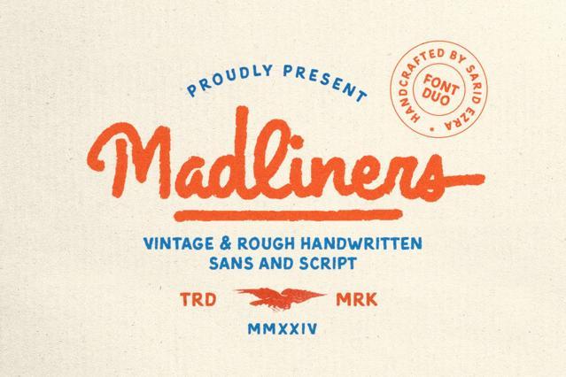 Познакомьтесь с Madliners — крепким, ручной работой созданным шрифтом, который сочетает в себе винтажное письмо и необузданный стиль. Это шедевр для тех, кто хочет сделать свой проект уникальным!